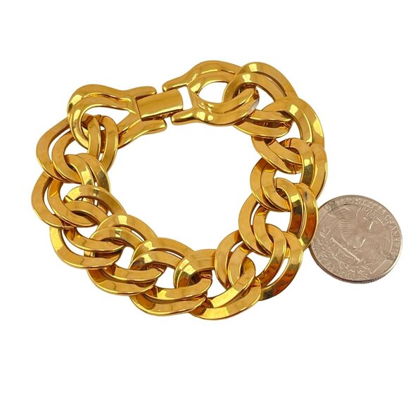 Monet Gold Plated Heavy Link Chain Bracelet 1980s Double Link - Picture 7 of 11